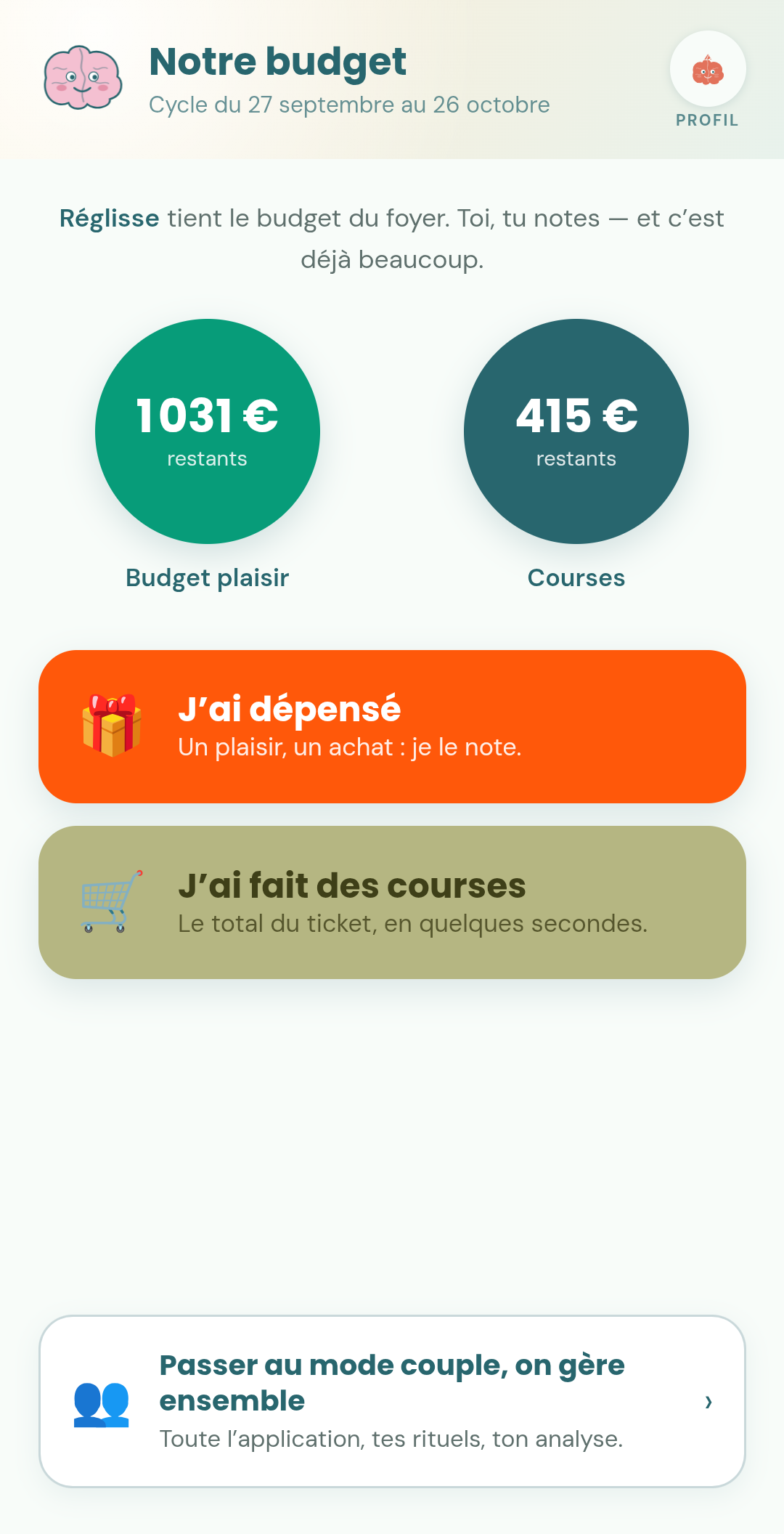 L’accueil à deux boutons de la personne qui aide — J’ai dépensé · J’ai fait des courses
