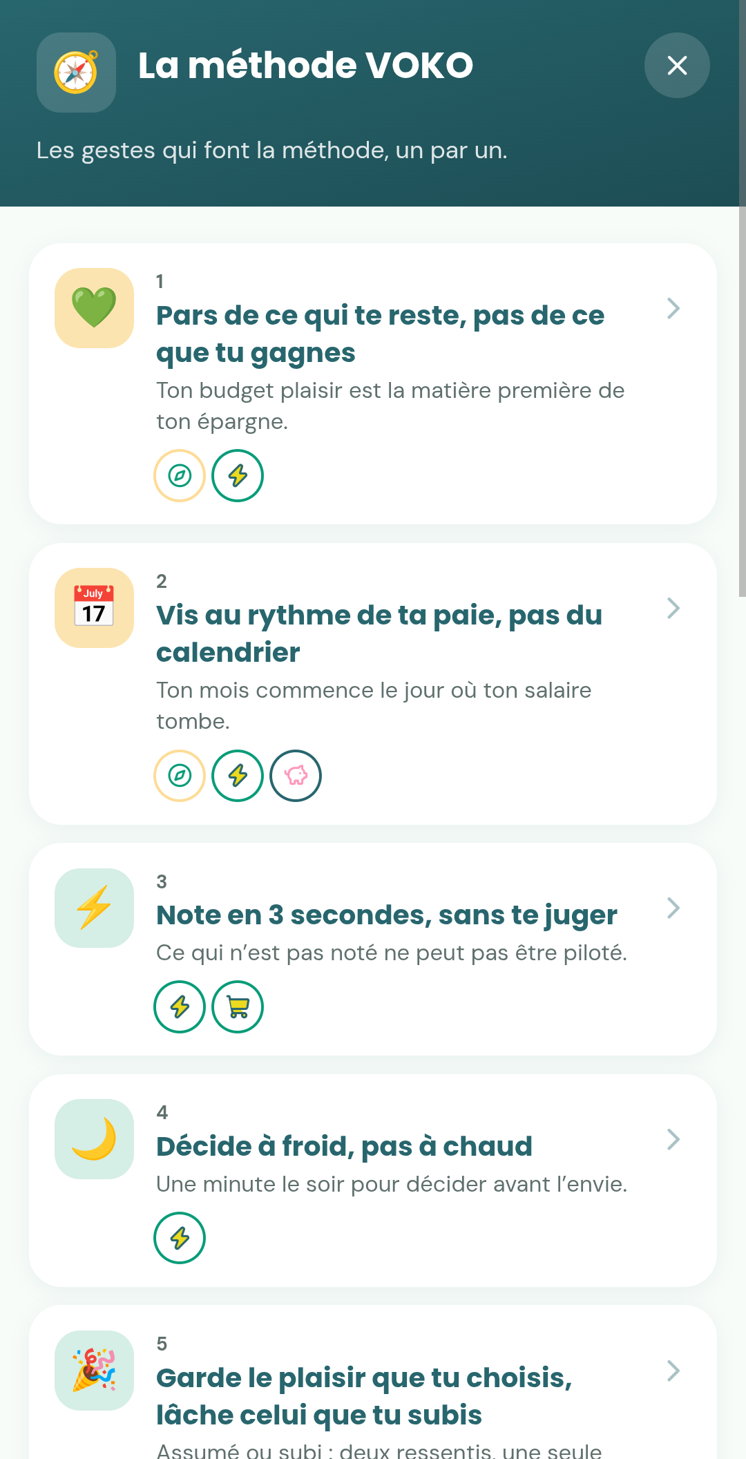 La méthode VOKO dans l’application : la liste des gestes, puis un geste ouvert