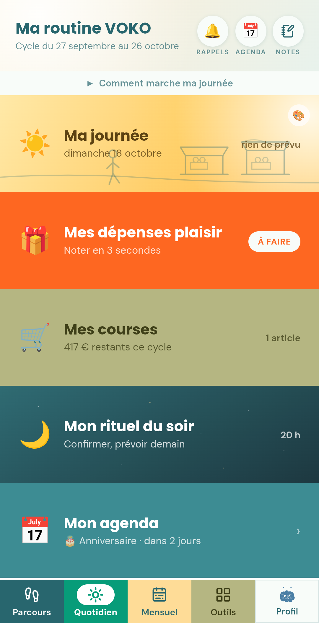 Onglet Quotidien de l’appli VOKO