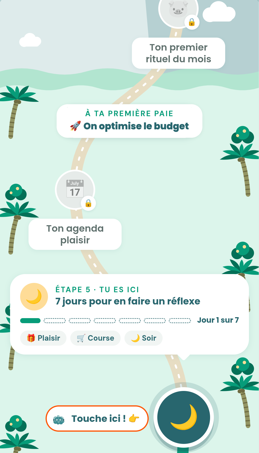 Mon parcours dans l’appli VOKO : la forêt, l’étape « 7 jours pour en faire un réflexe » et l’agenda plaisir